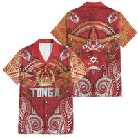 Tonga King's Birthday Family Matching Puletasi and Hawaiian Shirt Gold Royal Crown Tribal Patterns DT05 Dad's Shirt - Short Sleeve Red - Polynesian Pride