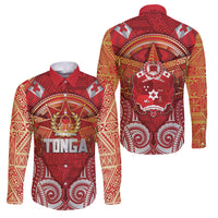 Tonga King's Birthday Family Matching Tank Maxi Dress and Hawaiian Shirt Gold Royal Crown Tribal Patterns DT05 Dad's Shirt - Long Sleeve Red - Polynesian Pride
