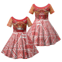 Tonga King's Birthday Family Matching Tank Maxi Dress and Hawaiian Shirt Gold Royal Crown Tribal Patterns DT05 Daughter's Dress Red - Polynesian Pride