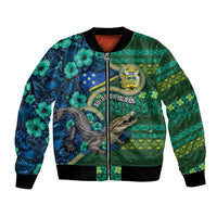 Personalised Solomon Islands Independence Day Bomber Jacket Crocodile Hibiscus Tribal Pattern