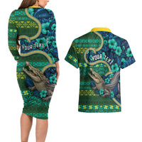 Personalised Solomon Islands Independence Day Couples Matching Long Sleeve Bodycon Dress and Hawaiian Shirt Crocodile Hibiscus Tribal Pattern DT05 - Polynesian Pride