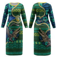 Personalised Solomon Islands Independence Day Couples Matching Long Sleeve Bodycon Dress and Hawaiian Shirt Crocodile Hibiscus Tribal Pattern DT05 - Polynesian Pride