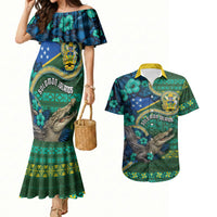 Personalised Solomon Islands Independence Day Couples Matching Mermaid Dress and Hawaiian Shirt Crocodile Hibiscus Tribal Pattern DT05 Green - Polynesian Pride
