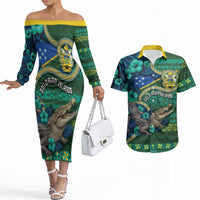 Personalised Solomon Islands Independence Day Couples Matching Off The Shoulder Long Sleeve Dress and Hawaiian Shirt Crocodile Hibiscus Tribal Pattern DT05 Green - Polynesian Pride