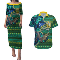 Personalised Solomon Islands Independence Day Couples Matching Puletasi and Hawaiian Shirt Crocodile Hibiscus Tribal Pattern DT05 Green - Polynesian Pride