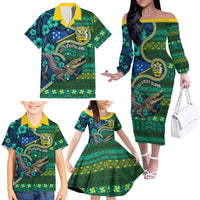 Personalised Solomon Islands Independence Day Family Matching Off The Shoulder Long Sleeve Dress and Hawaiian Shirt Crocodile Hibiscus Tribal Pattern