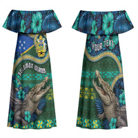 Personalised Solomon Islands Independence Day Family Matching Off Shoulder Maxi Dress and Hawaiian Shirt Crocodile Hibiscus Tribal Pattern DT05 Mom's Dress Green - Polynesian Pride
