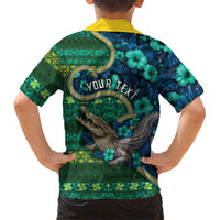 Personalised Solomon Islands Independence Day Family Matching Off Shoulder Short Dress and Hawaiian Shirt Crocodile Hibiscus Tribal Pattern