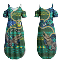 Personalised Solomon Islands Independence Day Family Matching Summer Maxi Dress and Hawaiian Shirt Crocodile Hibiscus Tribal Pattern DT05 Mom's Dress Green - Polynesian Pride