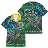 Personalised Solomon Islands Independence Day Family Matching Summer Maxi Dress and Hawaiian Shirt Crocodile Hibiscus Tribal Pattern DT05 Dad's Shirt - Short Sleeve Green - Polynesian Pride