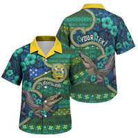Personalised Solomon Islands Independence Day Family Matching Summer Maxi Dress and Hawaiian Shirt Crocodile Hibiscus Tribal Pattern DT05 Son's Shirt Green - Polynesian Pride