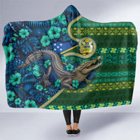 Solomon Islands Independence Day Hooded Blanket Crocodile Hibiscus Tribal Pattern