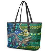 Solomon Islands Independence Day Leather Tote Bag Crocodile Hibiscus Tribal Pattern