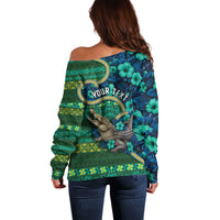 Personalised Solomon Islands Independence Day Off Shoulder Sweater Crocodile Hibiscus Tribal Pattern
