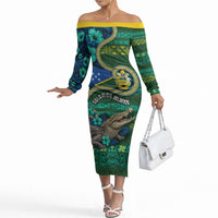 Personalised Solomon Islands Independence Day Off The Shoulder Long Sleeve Dress Crocodile Hibiscus Tribal Pattern DT05 Women Green - Polynesian Pride