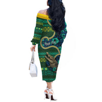 Personalised Solomon Islands Independence Day Off The Shoulder Long Sleeve Dress Crocodile Hibiscus Tribal Pattern DT05 - Polynesian Pride