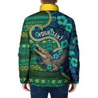 Personalised Solomon Islands Independence Day Padded Jacket Crocodile Hibiscus Tribal Pattern