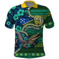 Personalised Solomon Islands Independence Day Polo Shirt Crocodile Hibiscus Tribal Pattern