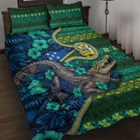 Solomon Islands Independence Day Quilt Bed Set Crocodile Hibiscus Tribal Pattern