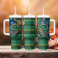 Personalised Solomon Islands Independence Day Tumbler With Handle Crocodile Hibiscus Tribal Pattern