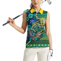Personalised Solomon Islands Independence Day Women Sleeveless Polo Shirt Crocodile Hibiscus Tribal Pattern