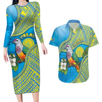 Personalised Palau Biib Bird Couples Matching Long Sleeve Bodycon Dress and Hawaiian Shirt Rur Flower And Rock Islands Patterns DT05 Blue - Polynesian Pride
