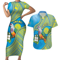 Personalised Palau Biib Bird Couples Matching Short Sleeve Bodycon Dress and Hawaiian Shirt Rur Flower And Rock Islands Patterns