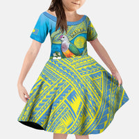 Personalised Palau Biib Bird Kid Short Sleeve Dress Rur Flower And Rock Islands Patterns DT05 KID Blue - Polynesian Pride
