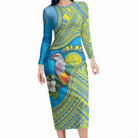 Personalised Palau Biib Bird Long Sleeve Bodycon Dress Rur Flower And Rock Islands Patterns DT05 Long Dress Blue - Polynesian Pride