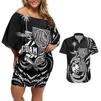Personalised Guam Liberation Day Couples Matching Off Shoulder Short Dress and Hawaiian Shirt Black White Latte Stone Tribal Patterns DT05 Black - Polynesian Pride