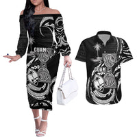 Personalised Guam Liberation Day Couples Matching Off The Shoulder Long Sleeve Dress and Hawaiian Shirt Black White Latte Stone Tribal Patterns DT05 Black - Polynesian Pride