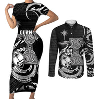 Personalised Guam Liberation Day Couples Matching Short Sleeve Bodycon Dress and Long Sleeve Button Shirt Black White Latte Stone Tribal Patterns DT05 Black - Polynesian Pride