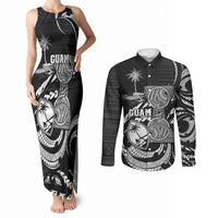 Personalised Guam Liberation Day Couples Matching Tank Maxi Dress and Long Sleeve Button Shirt Black White Latte Stone Tribal Patterns DT05 Black - Polynesian Pride