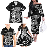 Personalised Guam Liberation Day Family Matching Off The Shoulder Long Sleeve Dress and Hawaiian Shirt Black White Latte Stone Tribal Patterns DT05 - Polynesian Pride