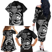 Personalised Guam Liberation Day Family Matching Off The Shoulder Long Sleeve Dress and Hawaiian Shirt Black White Latte Stone Tribal Patterns DT05 Mom's Dress Black - Polynesian Pride