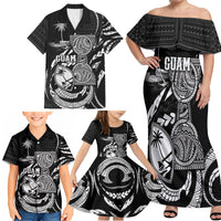 Personalised Guam Liberation Day Family Matching Off Shoulder Maxi Dress and Hawaiian Shirt Black White Latte Stone Tribal Patterns DT05 - Polynesian Pride