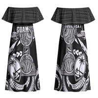 Personalised Guam Liberation Day Family Matching Off Shoulder Maxi Dress and Hawaiian Shirt Black White Latte Stone Tribal Patterns DT05 Mom's Dress Black - Polynesian Pride