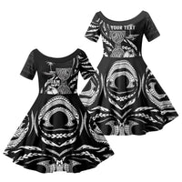 Personalised Guam Liberation Day Family Matching Off Shoulder Short Dress and Hawaiian Shirt Black White Latte Stone Tribal Patterns DT05 Daughter's Dress Black - Polynesian Pride
