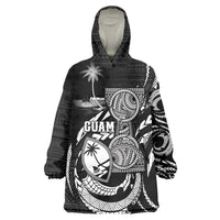 Personalised Guam Liberation Day Wearable Blanket Hoodie Black White Latte Stone Tribal Patterns