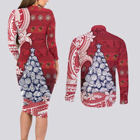 American Samoa Christmas Couples Matching Long Sleeve Bodycon Dress and Long Sleeve Button Shirt Seashell Xmas Tree Tribal Waves - Polynesian Pride