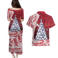 American Samoa Christmas Couples Matching Puletasi and Hawaiian Shirt Seashell Xmas Tree Tribal Waves - Polynesian Pride