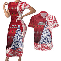 American Samoa Christmas Couples Matching Short Sleeve Bodycon Dress and Hawaiian Shirt Seashell Xmas Tree Tribal Waves - Polynesian Pride