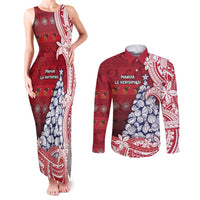 American Samoa Christmas Couples Matching Tank Maxi Dress and Long Sleeve Button Shirt Seashell Xmas Tree Tribal Waves - Polynesian Pride