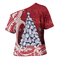 American Samoa Christmas Cross Shoulder Shirt Seashell Xmas Tree Tribal Waves - Polynesian Pride