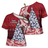American Samoa Christmas Cross Shoulder Shirt Seashell Xmas Tree Tribal Waves - Polynesian Pride