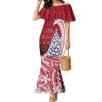 American Samoa Christmas Family Matching Mermaid Dress and Hawaiian Shirt Seashell Xmas Tree Tribal Waves DT05 Mom's Dress Red - Polynesian Pride