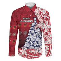 American Samoa Christmas Family Matching Off The Shoulder Long Sleeve Dress and Hawaiian Shirt Seashell Xmas Tree Tribal Waves DT05 Dad's Shirt - Long Sleeve Red - Polynesian Pride