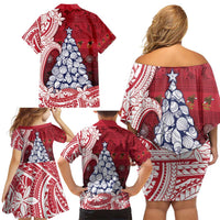 American Samoa Christmas Family Matching Off Shoulder Short Dress and Hawaiian Shirt Seashell Xmas Tree Tribal Waves DT05 - Polynesian Pride
