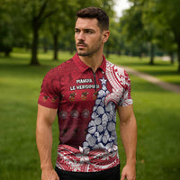 American Samoa Christmas Zipper Polo Shirt Seashell Xmas Tree Tribal Waves - Polynesian Pride