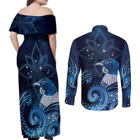 New Zealand Matariki Couples Matching Off Shoulder Maxi Dress and Long Sleeve Button Shirt Maori Tui Bird Blue Galaxy